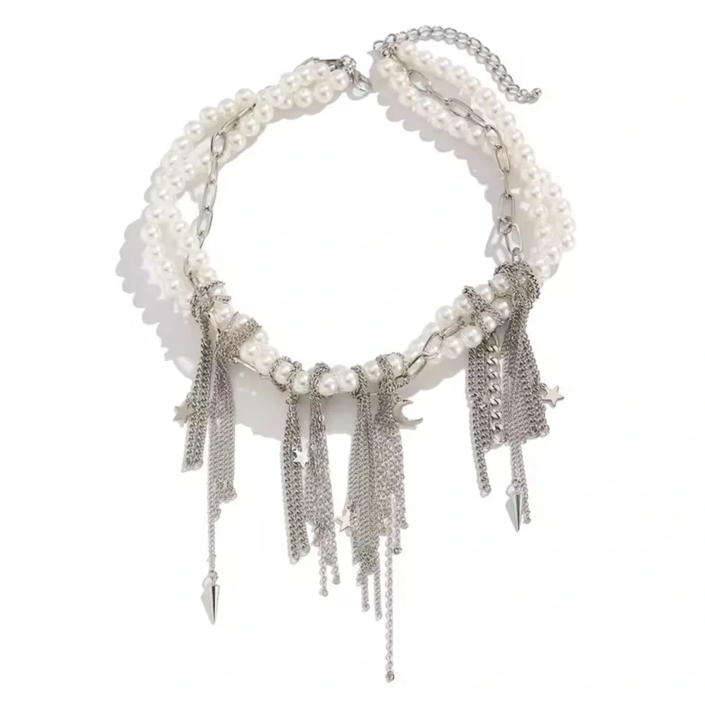Pearl Silver Chain Statement NecklaceLayered Chunky Choker Jewelry